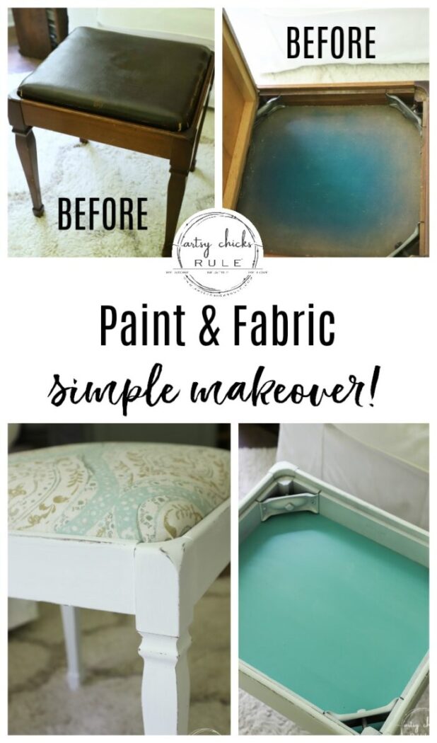 Vintage Footstool Makeover - with FABRIC and PAINT!! So simple! artsychicksrule.com #footstool #furnituremakeover #footrest