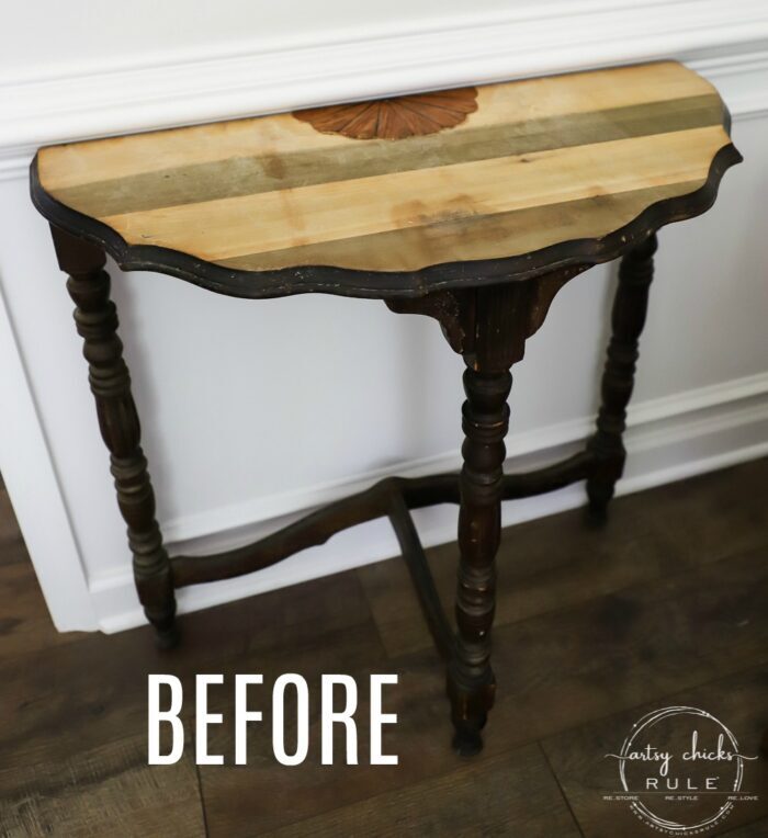 $15 Thrift Store Half Moon Table - Got the makeover it deserved with paint! A gorgeous weathered wood finish, coastal style. (or farmhouse!) artsychicksrule.com #farmhousestyle #coastalstyle #weatheredwood #fauxweatheredwood #halfmoontable