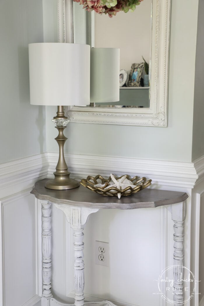 $15 Thrift Store Half Moon Table - Got the makeover it deserved with paint! A gorgeous weathered wood finish, coastal style. (or farmhouse!) artsychicksrule.com #farmhousestyle #coastalstyle #weatheredwood #fauxweatheredwood #halfmoontable