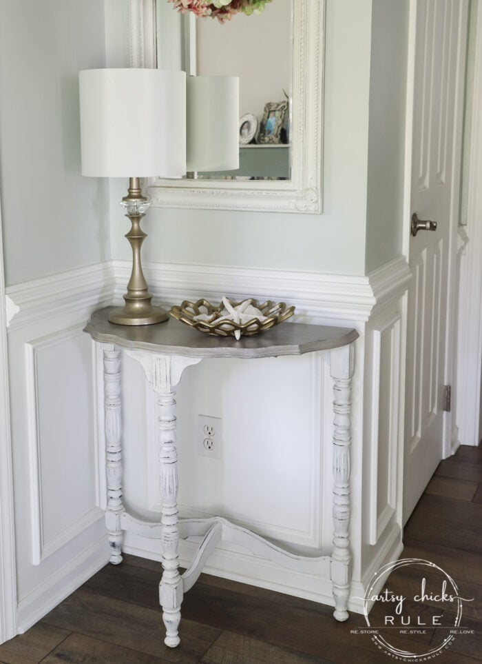 $15 Thrift Store Half Moon Table - Got the makeover it deserved with paint! A gorgeous weathered wood finish, coastal style. (or farmhouse!) artsychicksrule.com #farmhousestyle #coastalstyle #weatheredwood #fauxweatheredwood #halfmoontable