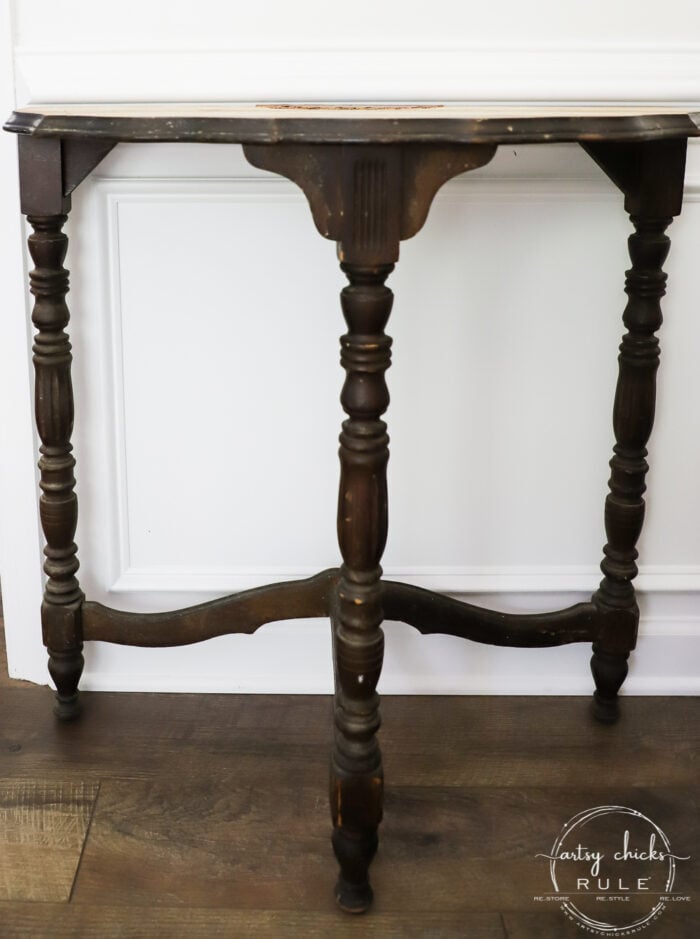 $15 Thrift Store Half Moon Table - Got the makeover it deserved with paint! A gorgeous weathered wood finish, coastal style. (or farmhouse!) artsychicksrule.com #farmhousestyle #coastalstyle #weatheredwood #fauxweatheredwood #halfmoontable