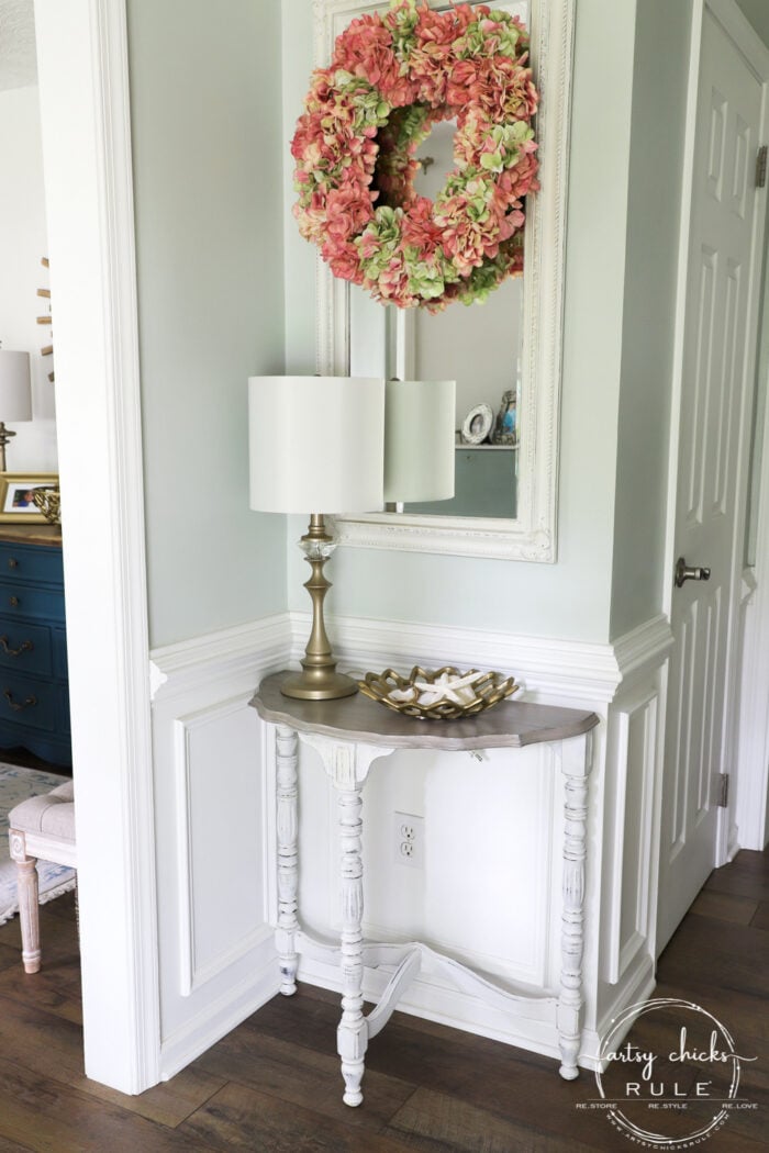 $15 Thrift Store Half Moon Table - Got the makeover it deserved with paint! A gorgeous weathered wood finish, coastal style. (or farmhouse!) artsychicksrule.com #farmhousestyle #coastalstyle #weatheredwood #fauxweatheredwood #halfmoontable