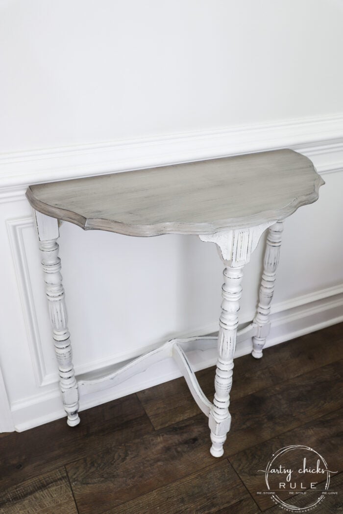 painted half moon table with gray driftwood colored top