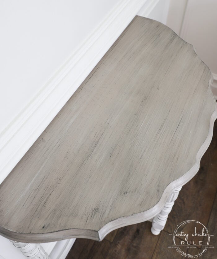 $15 Thrift Store Half Moon Table - Got the makeover it deserved with paint! A gorgeous weathered wood finish, coastal style. (or farmhouse!) artsychicksrule.com #farmhousestyle #coastalstyle #weatheredwood #fauxweatheredwood #halfmoontable