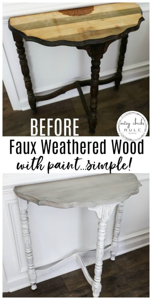 $15 Thrift Store Half Moon Table - Got the makeover it deserved with paint! A gorgeous weathered wood finish, coastal style. (or farmhouse!) artsychicksrule.com #farmhousestyle #coastalstyle #weatheredwood #fauxweatheredwood #halfmoontable