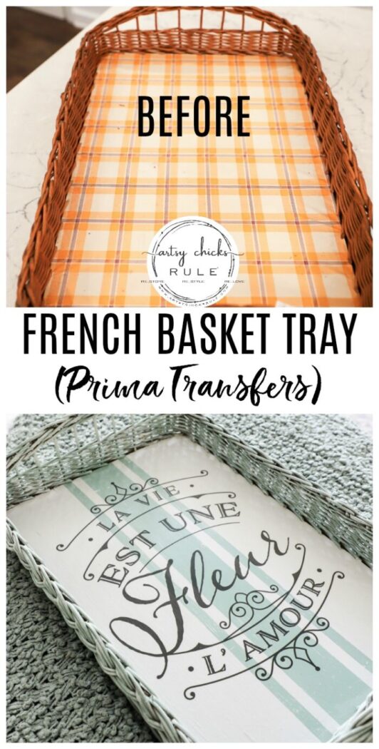 This old, dated thrift store find got a brand new look...and life! French basket tray with grain sack stripes and a Prima Design Transfer! #frenchbasket #primatransfers #primaredesign #frenchgraphic #frenchstyle #grainsackstripes