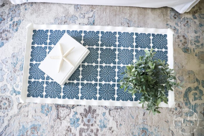 How To Tile A Table Top....easier than you think! Use this simple trick to tile all the things...furniture, decor and more! artsychicksrule.com #howtotile #tileatabletop #blueandwhitetile #furnituremakeover #paintedfurniture