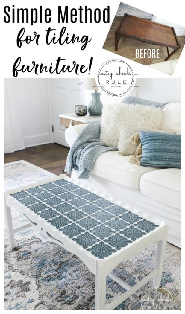 How To Tile A Table Top....easier than you think! Use this simple trick to tile all the things...furniture, decor and more! artsychicksrule.com #howtotile #tileatabletop #blueandwhitetile #furnituremakeover #paintedfurniture