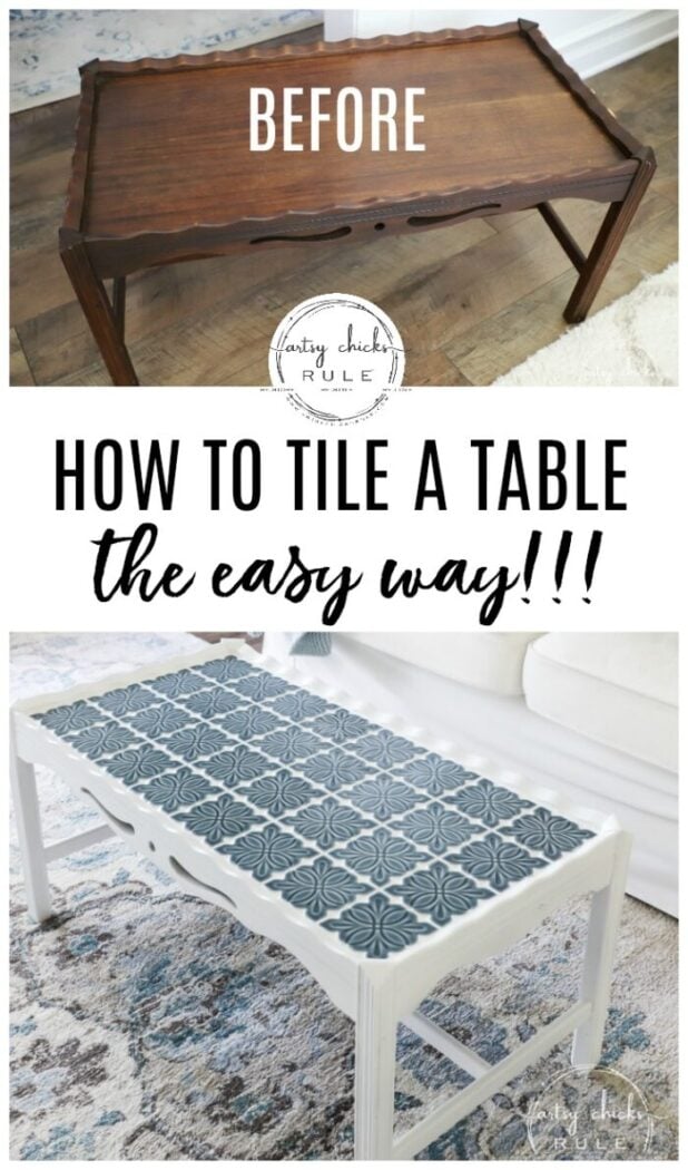 How To Tile A Table Top....easier than you think! Use this simple trick to tile all the things...furniture, decor and more! artsychicksrule.com #howtotile #tileatabletop #blueandwhitetile #furnituremakeover #paintedfurniture