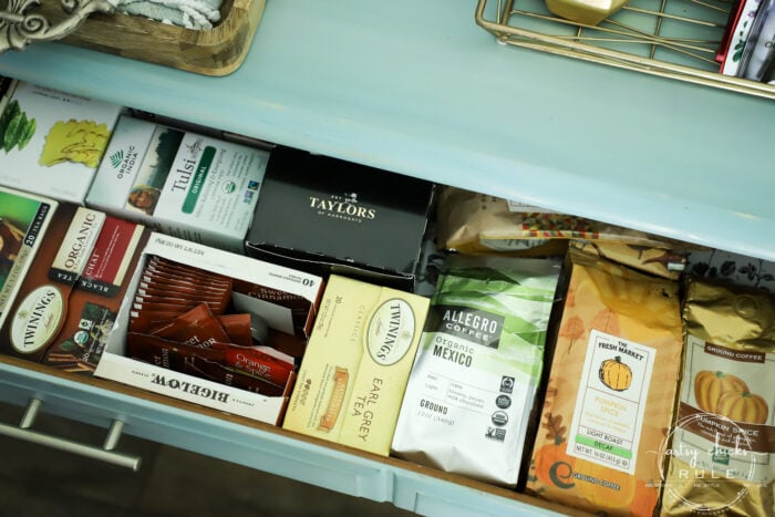 dresser drawer with tea and coffee