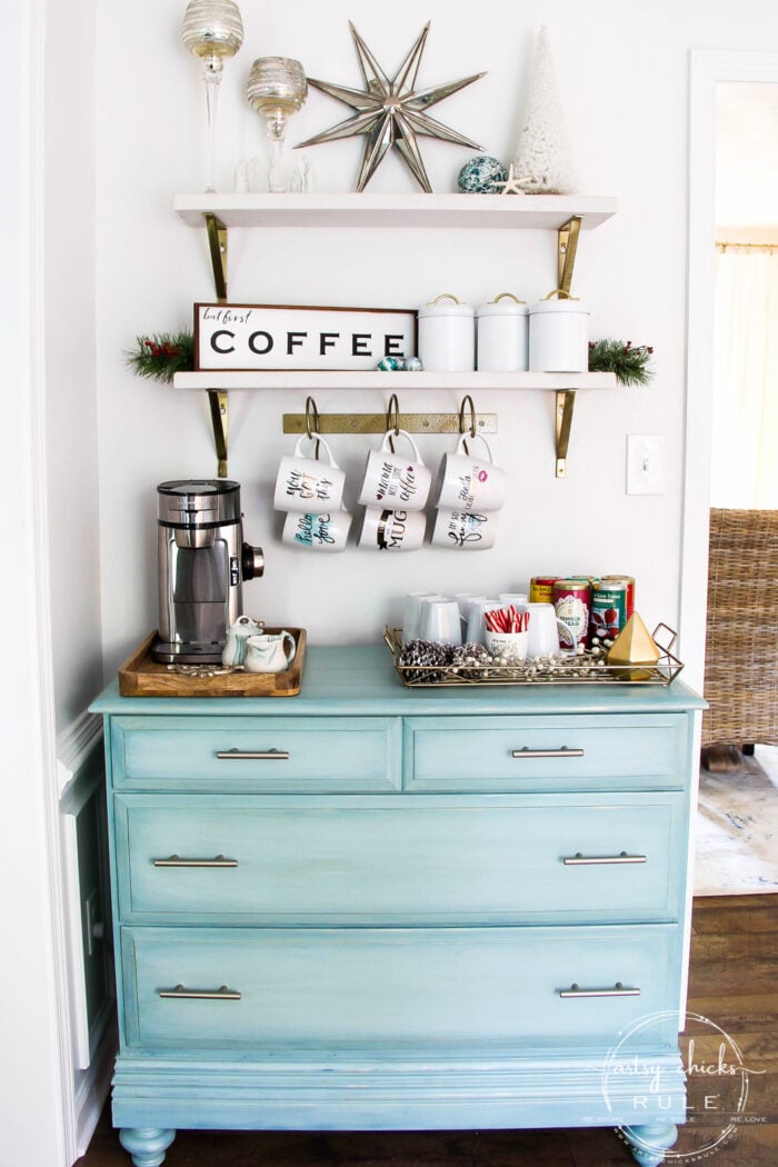 coffee bar with shelves and aqua dresser