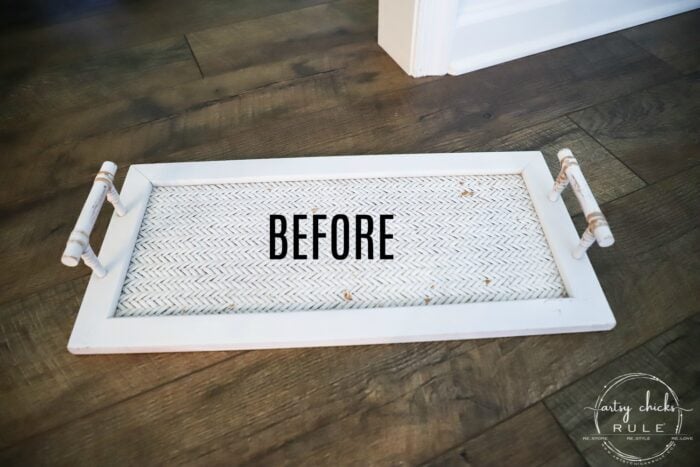 This super cute thrift store tray makeover with gorgeous mosaic tile and gold paint was a really simple project! Let me show you how you can do one too! artsychicksrule.com #tiledtray #traymakeover #tiledprojects #howtotile #mosaictile