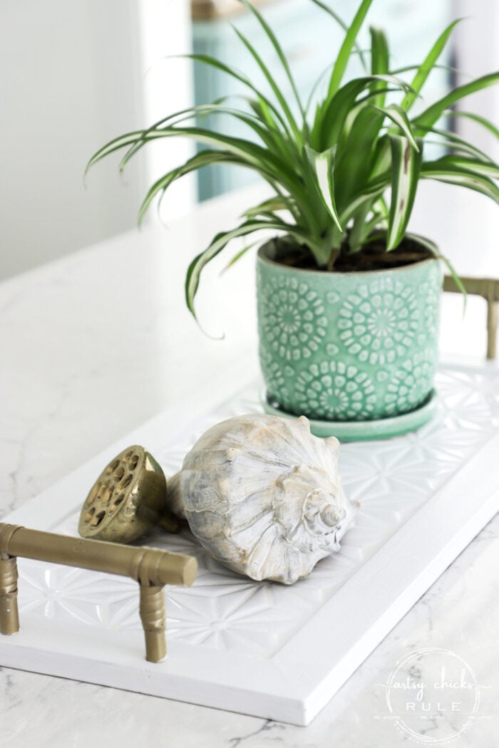 white tiled tray on counter with green plant