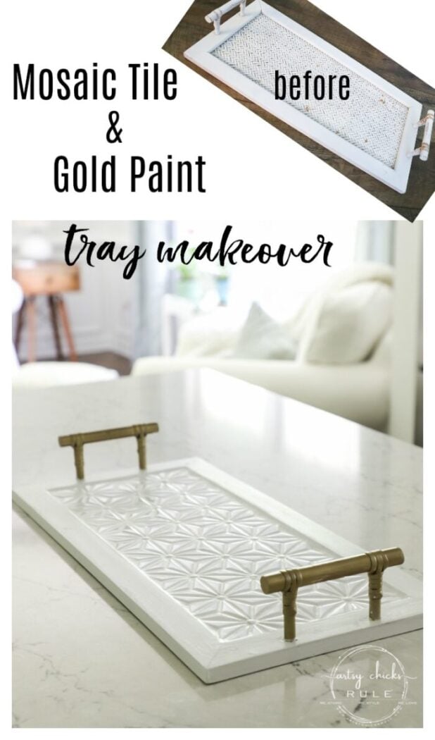 This super cute thrift store tray makeover with gorgeous mosaic tile and gold paint was a really simple project! Let me show you how you can do one too! 