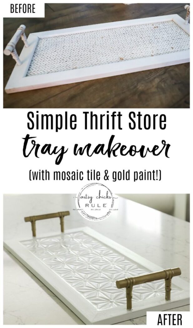 This super cute thrift store tray makeover with gorgeous mosaic tile and gold paint was a really simple project! Let me show you how you can do one too! artsychicksrule.com #tiledtray #traymakeover #tiledprojects #howtotile #mosaictile