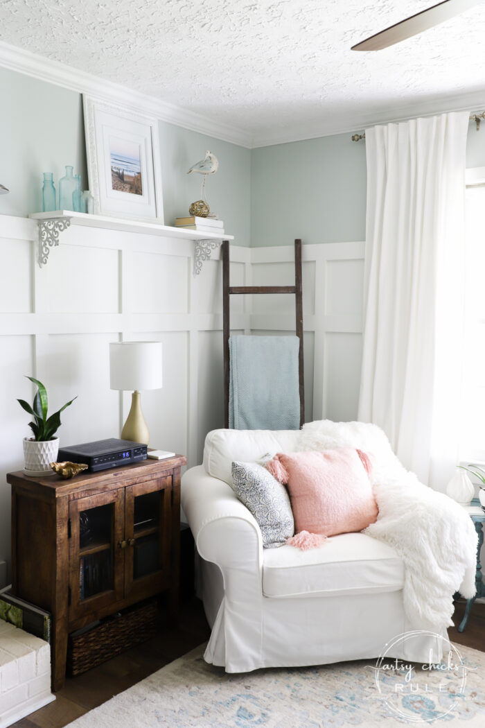 Our home tour showing off tons of DIY and loads of budget friendly decor! Thrifty makeovers, furniture finds and more! artsychicksrule.com #hometour #coastalhome #coastalhomeideas #coastalstyle #fauxshiplap #woodcountertop #furnituremakeovers