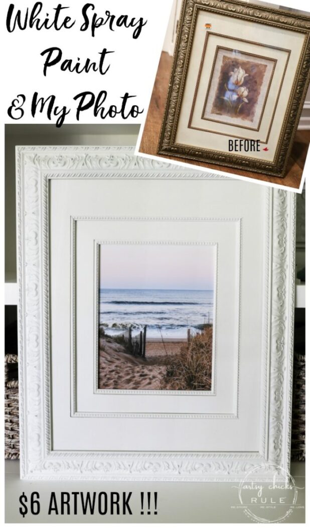 This beach scene wall art cost me SIX dollars! Yep! An old thrift store find, white spray paint and my own photo....budget friendly wall art! artsychicksrule.com #wallart #beachscenewallart #coastalwallart #diywallart #diybeachscene #framedbeachart