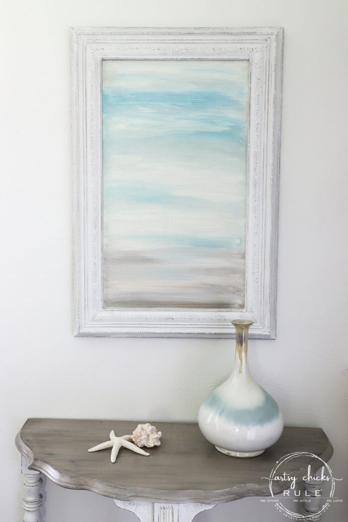 Creating your own DIY abstract art is fun! I did this one in 15 minutes time on an old kitchen cabinet door! (and you can do it too!!) artsychicksrule.com #abstractart #diyart #wallart #beachart #diybeachart #diywalldecor