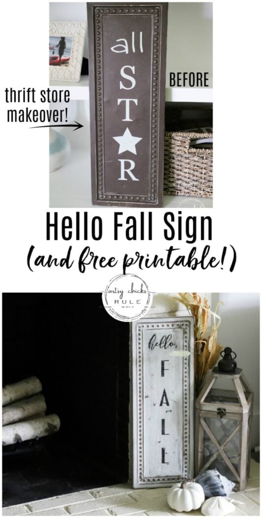 This old metal thrift store sign was the perfect thing to create my "hello fall sign" with! Cheap fall decor, the best kind! artsychicksrule.com #falldecor #fallsign #hellofallsign #falldecorideas #fallideas