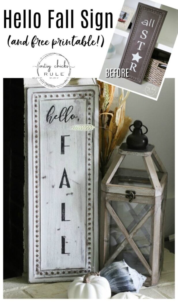 This old metal thrift store sign was the perfect thing to create my "hello fall sign" with! Cheap fall decor, the best kind! artsychicksrule.com #falldecor #fallsign #hellofallsign #falldecorideas #fallideas