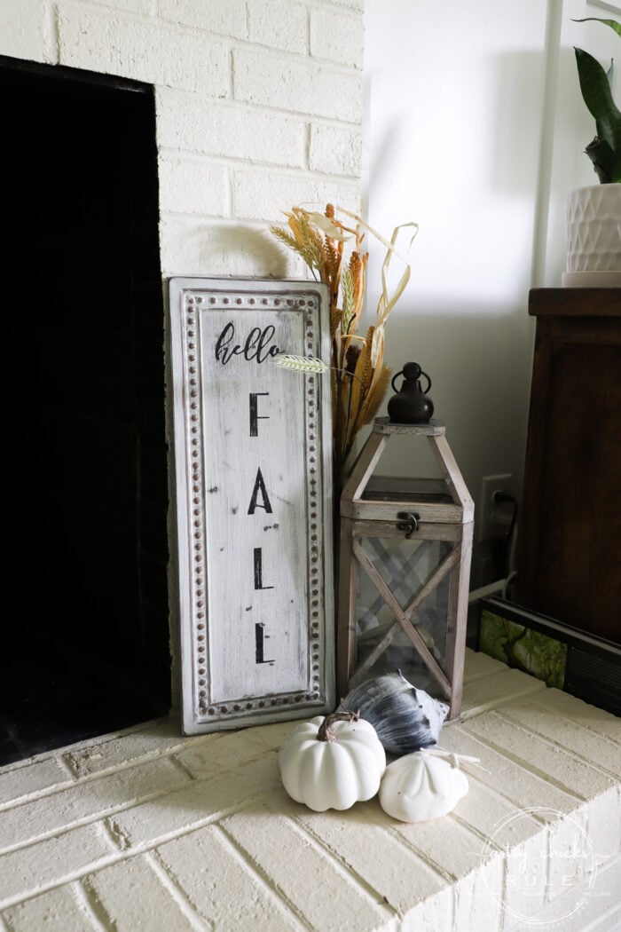 This old metal thrift store sign was the perfect thing to create my "hello fall sign" with! Cheap fall decor, the best kind! artsychicksrule.com #falldecor #fallsign #hellofallsign #falldecorideas #fallideas