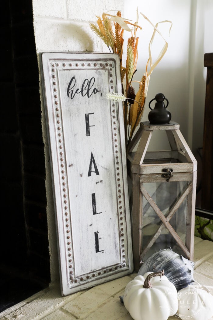 This old metal thrift store sign was the perfect thing to create my "hello fall sign" with! Cheap fall decor, the best kind! artsychicksrule.com #falldecor #fallsign #hellofallsign #falldecorideas #fallideas