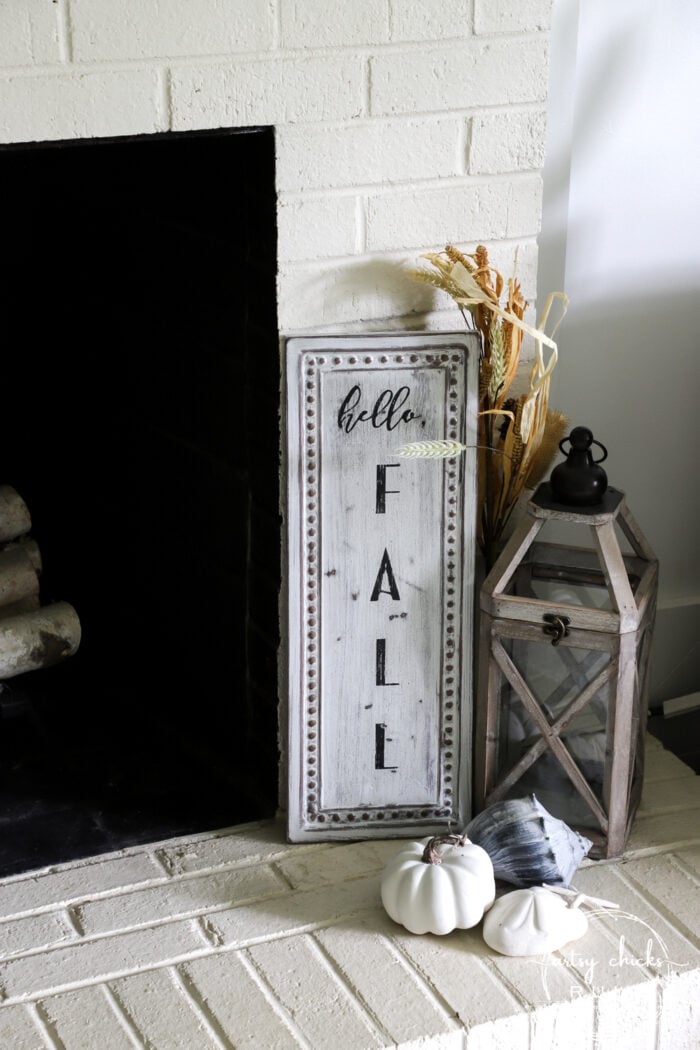 This old metal thrift store sign was the perfect thing to create my "hello fall sign" with! Cheap fall decor, the best kind! artsychicksrule.com #falldecor #fallsign #hellofallsign #falldecorideas #fallideas