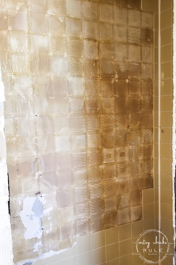 Our master bathroom remodel is underway! Tile choices (that "water" look tile is the bomb!), shiplap, new windows and more! artsychicksrule.com #coastalbathideas #subwaytile #bathroommakeover #bathroomremodel