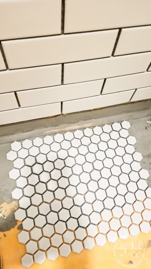 Our master bathroom remodel is underway! Tile choices (that "water" look tile is the bomb!), shiplap, new windows and more! artsychicksrule.com #coastalbathideas #subwaytile #bathroommakeover #bathroomremodel