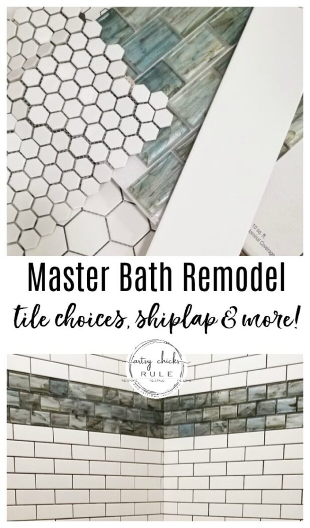 Our master bathroom remodel is underway! Tile choices (that "water" look tile is the bomb!), shiplap, new windows and more! artsychicksrule.com #coastalbathideas #subwaytile #bathroommakeover #bathroomremodel