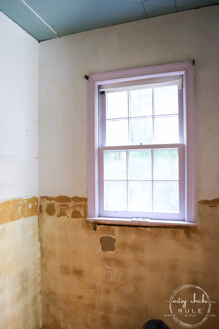 Our master bathroom remodel is underway! Tile choices (that "water" look tile is the bomb!), shiplap, new windows and more! artsychicksrule.com #coastalbathideas #subwaytile #bathroommakeover #bathroomremodel