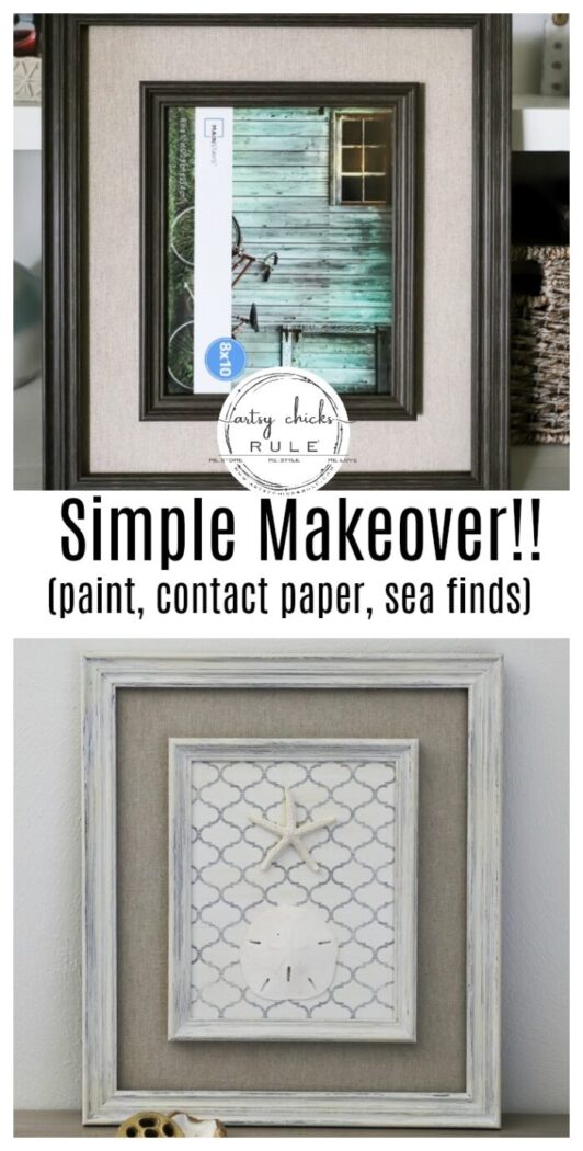 Shelf liner paper, paint and a few sea finds are all you need to transform a simple thrift store find into beautiful new starfish wall decor! artsychicksrule.com #starfishwalldecor #coastalwallart #coastaldecor #coastalhome 