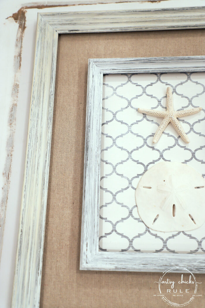 Shelf liner paper, paint and a few sea finds are all you need to transform a simple thrift store find into beautiful new starfish wall decor! artsychicksrule.com #starfishwalldecor #coastalwallart #coastaldecor #coastalhome 