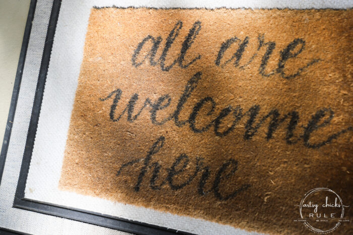 Create a welcoming sign with this "all are welcome here" free graphic I'm sharing! Plus see how I transformed this $3 thrift store find. artsychicksrule.com #freeprintable #allarewelcomehere #welcomesign #silhouettecameo