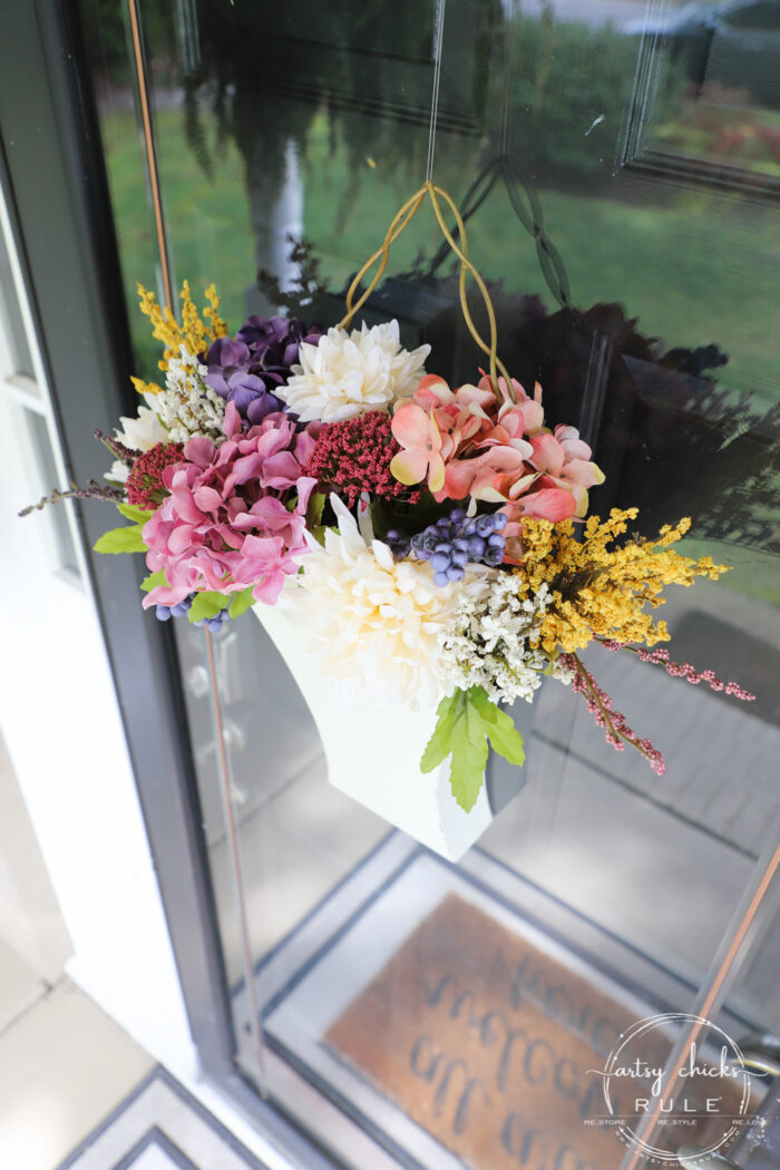 Goodbye to summer and hello to beautiful fall with this COLORFUL fall floral bucket! artsychicksrule.com #colorfulfall #falldecor #fallcrafts #fallflowers #fallideas