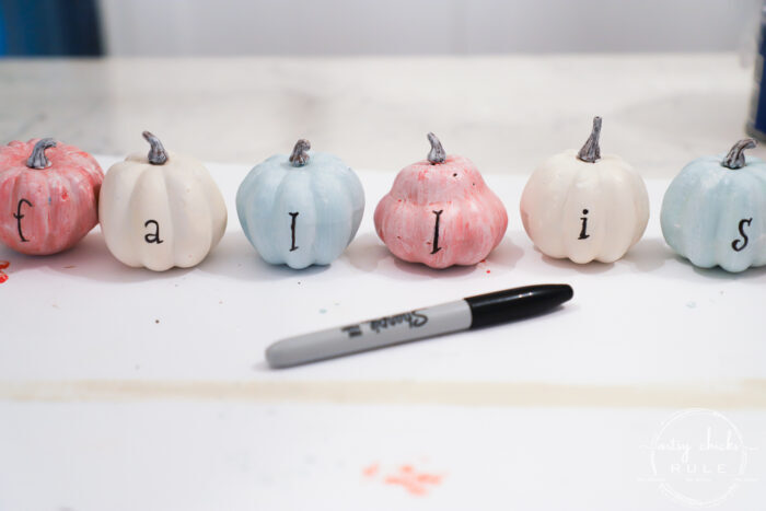 "Fallish" Lettered Mini Pumpkins are the cutest addition to any fall decor! Simple to make, fun to display! artsychicksrule.com #fallish #fallpumpkins #minipumpkins #pumpkinideas #pumpkincrafts