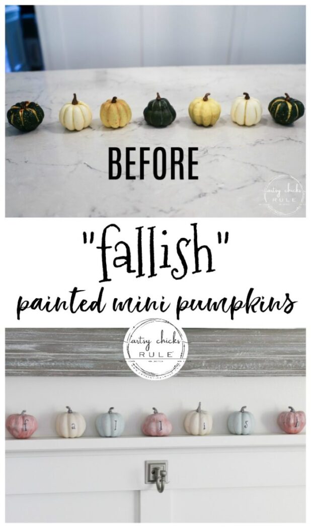 "Fallish" Lettered Mini Pumpkins are the cutest addition to any fall decor! Simple to make, fun to display! artsychicksrule.com #fallish #fallpumpkins #minipumpkins #pumpkinideas #pumpkincrafts