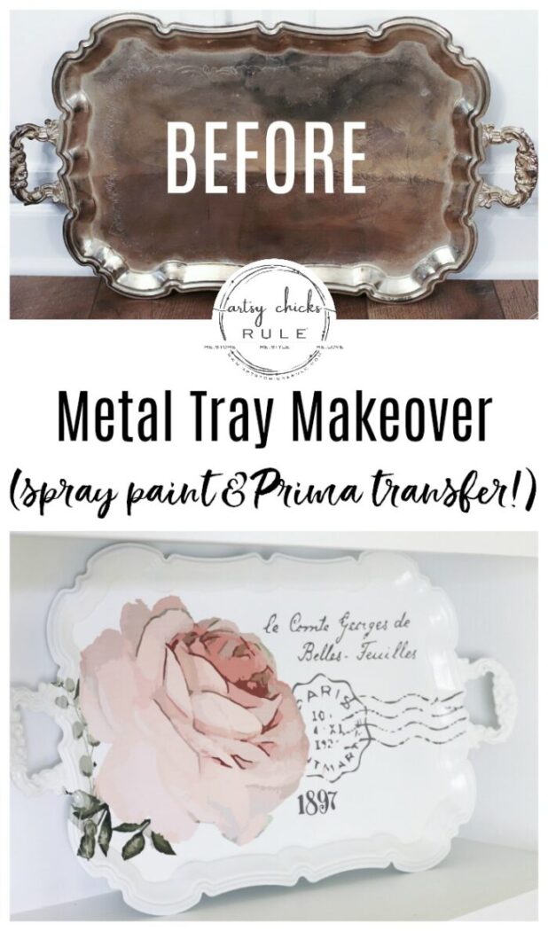 This pretty French rose decal was the perfect addition to this old metal thrift store tray! artsychicksrule.com #primatransfers #redesignwithprima #rosedecal #frenchstyle #frenchdecor #traymakeover