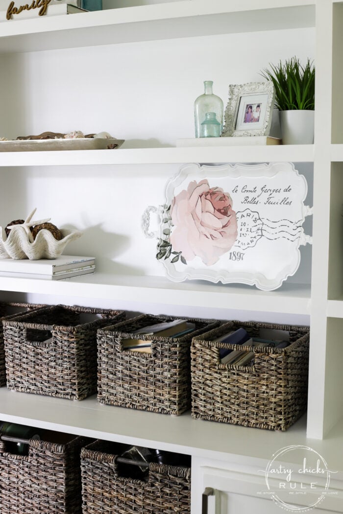 This pretty French rose decal was the perfect addition to this old metal thrift store tray! artsychicksrule.com #primatransfers #redesignwithprima #rosedecal #frenchstyle #frenchdecor #traymakeover