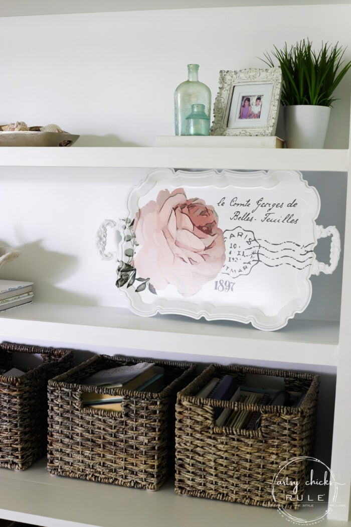 This pretty French rose decal was the perfect addition to this old metal thrift store tray! artsychicksrule.com #primatransfers #redesignwithprima #rosedecal #frenchstyle #frenchdecor #traymakeover