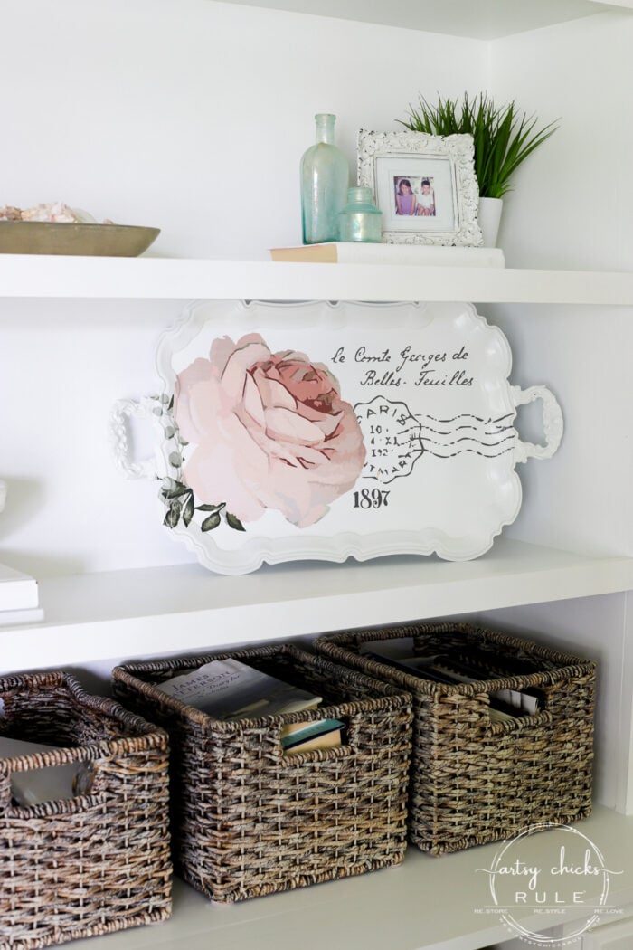 This pretty French rose decal was the perfect addition to this old metal thrift store tray! artsychicksrule.com #primatransfers #redesignwithprima #rosedecal #frenchstyle #frenchdecor #traymakeover