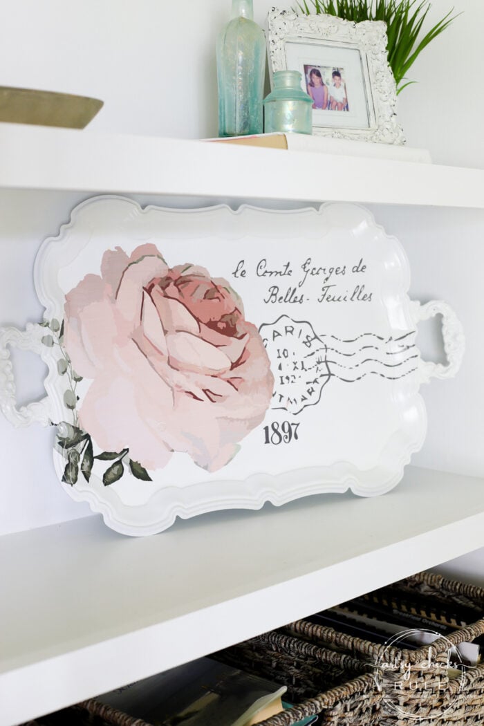 This pretty French rose decal was the perfect addition to this old metal thrift store tray! artsychicksrule.com #primatransfers #redesignwithprima #rosedecal #frenchstyle #frenchdecor #traymakeover