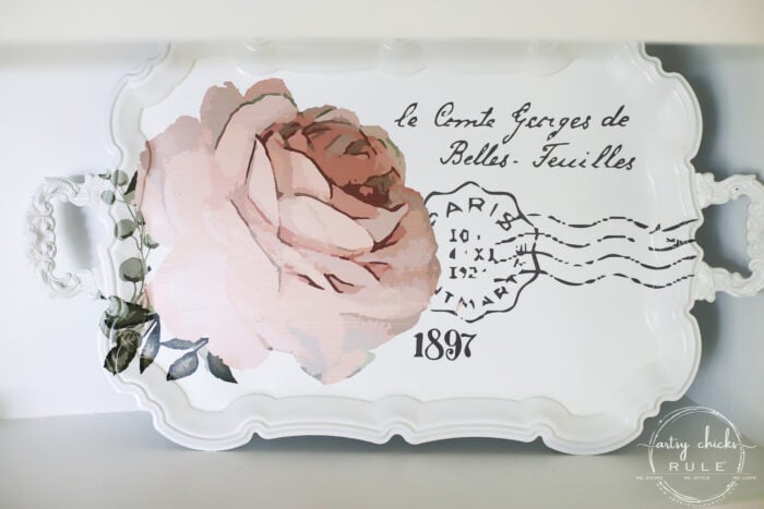 This pretty French rose decal was the perfect addition to this old metal thrift store tray! artsychicksrule.com #primatransfers #redesignwithprima #rosedecal #frenchstyle #frenchdecor #traymakeover