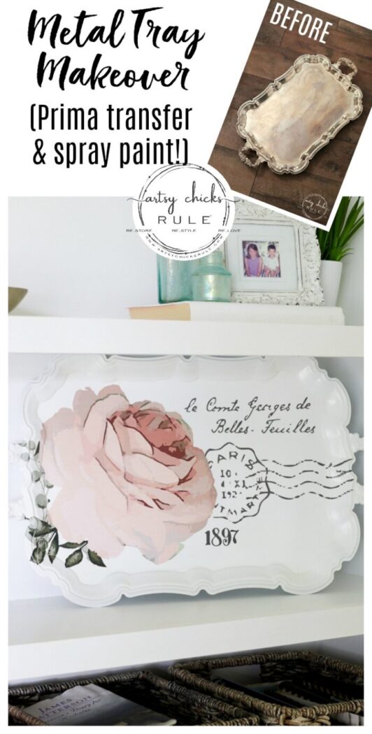 This pretty French rose decal was the perfect addition to this old metal thrift store tray! artsychicksrule.com #primatransfers #redesignwithprima #rosedecal #frenchstyle #frenchdecor #traymakeover