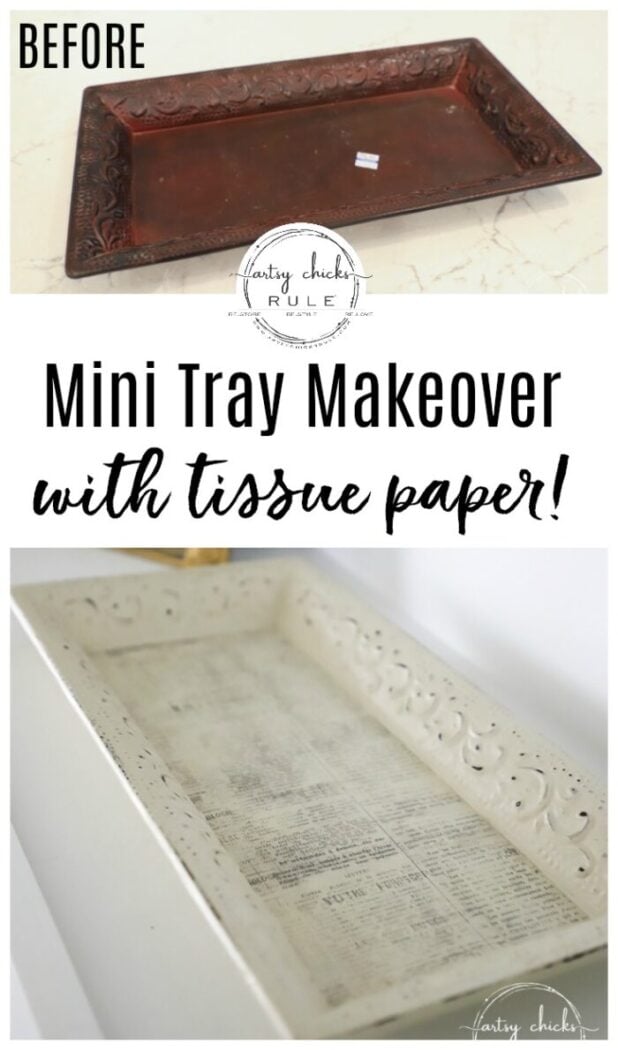 This mini tray makeover was SIMPLE with paint and tissue paper! artsychicksrule.com #minitray #traymakeover #tissuepaperprojects #tissuepapermakeover