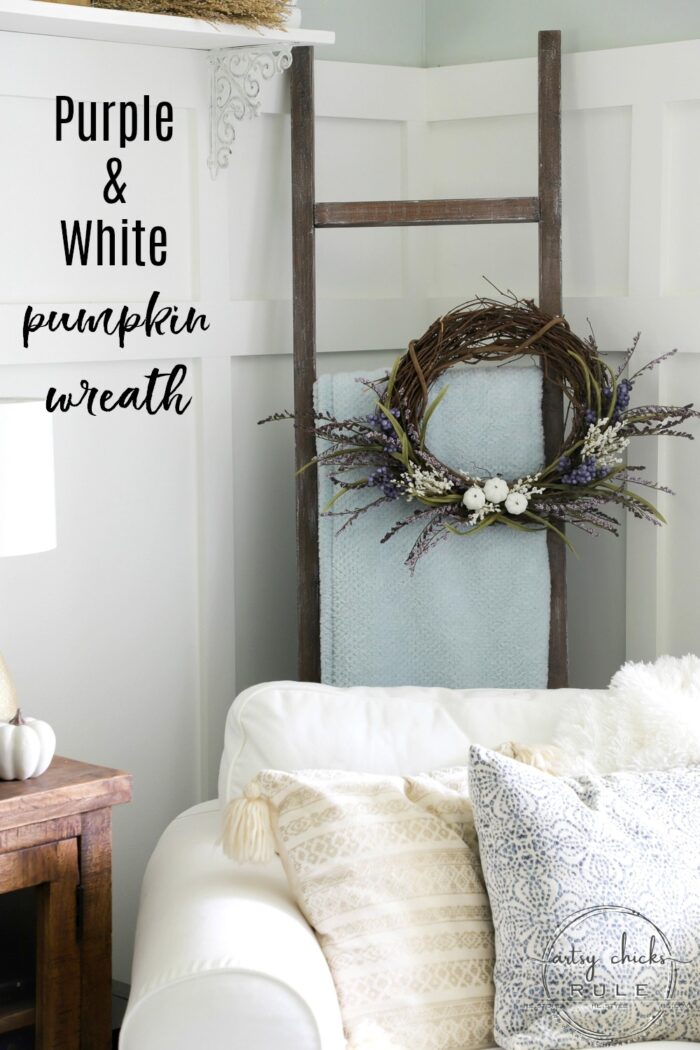 Purple & White Pumpkin Wreath!! Perfect Way To EASE Into Fall! artsychicksrule.com #purplefallwreath #whitepumpkinwreath #falldecor #fallideas 