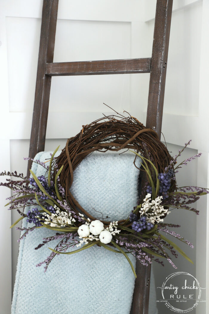 Purple & White Pumpkin Wreath!! Perfect Way To EASE Into Fall! artsychicksrule.com #purplefallwreath #whitepumpkinwreath #falldecor #fallideas