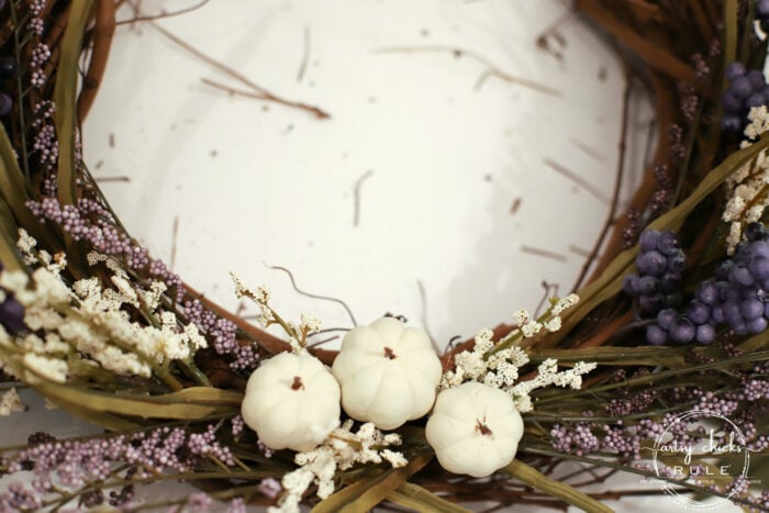 Purple & White Pumpkin Wreath!! Perfect Way To EASE Into Fall! artsychicksrule.com #purplefallwreath #whitepumpkinwreath #falldecor #fallideas