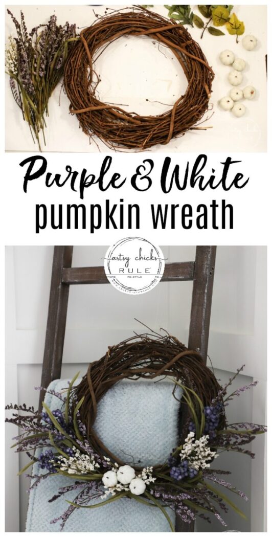 Purple & White Pumpkin Wreath!! Perfect Way To EASE Into Fall! artsychicksrule.com #purplefallwreath #whitepumpkinwreath #falldecor #fallideas