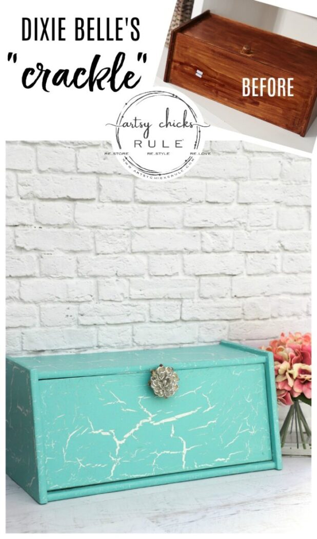 Dixie Belle Crackle is one way to give that aged, cracked style finish. I love the finished look, but did I love the product?? Read on to see! artsychicksrule.com #dixiebelle #dixiebellecrackle #dixiebellemakeover #breadboxmakeover